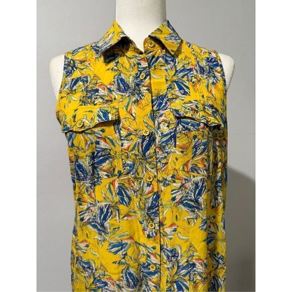 Club Monaco 100% Silk yellow blue floral sleeveless shift dress button front 6 - Picture 7 of 7
